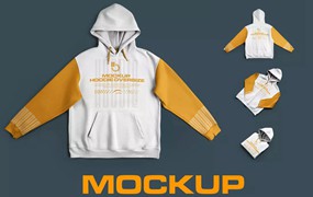 4款超大中性连衣帽卫衣LOGO印花图案设计PS展示效果图样机模板 4 Mockups Unisex Oversize Hoodie