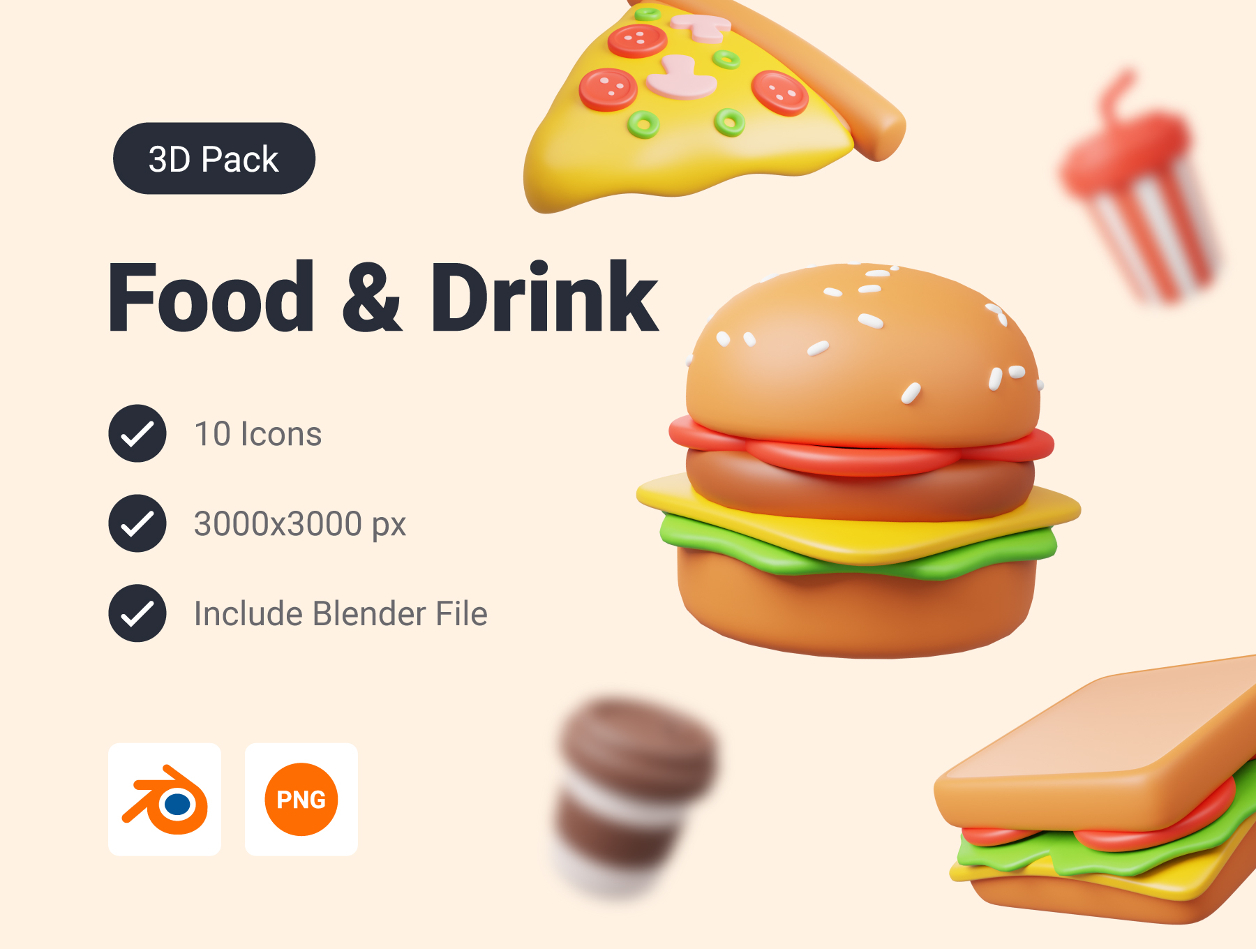 10款卡通趣味饮料美食汉堡3D插画图标Icons设计素材包 Food and Drink 3D Icon Pack , 第1张