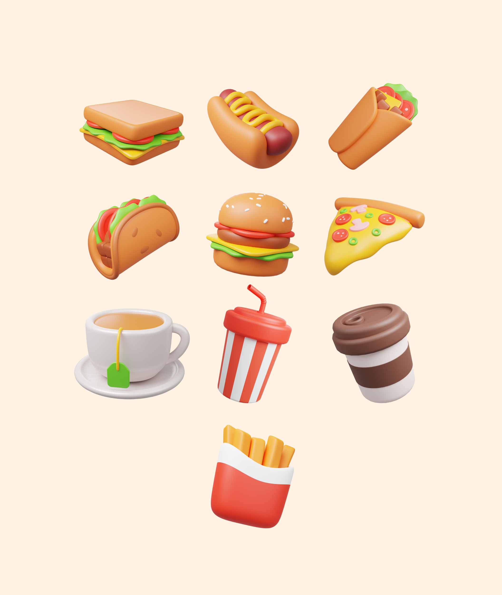 10款卡通趣味饮料美食汉堡3D插画图标Icons设计素材包 Food and Drink 3D Icon Pack , 第7张