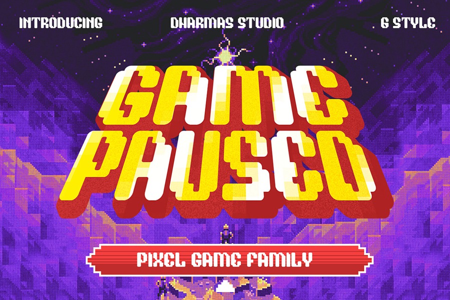 复古怀旧风未来派日式任天堂街机游戏像素风英文字体 Game Paused - Pixel Game Family 设计素材 第1张