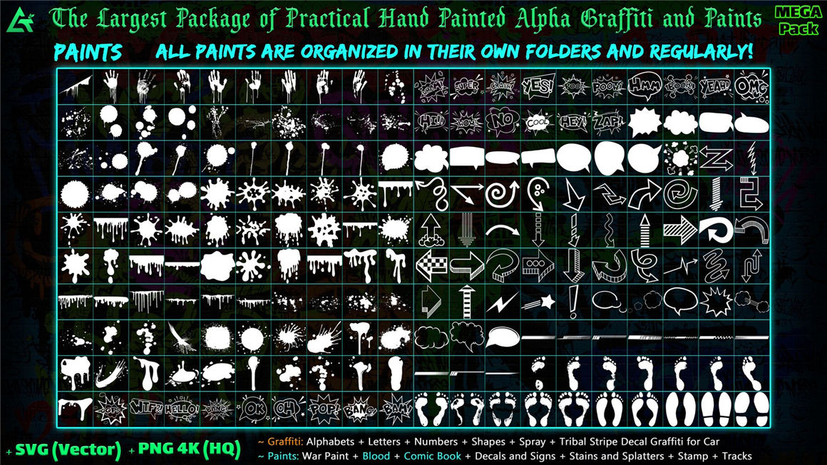 ARTSTATION 1850个嘻哈创意4K手绘字母数字形状喷雾涂鸦油漆贴花元素包 1850 Hand Painted Alpha Graffiti, Paints & Decals (MEGA Pack) – Vol 12 . 第3张