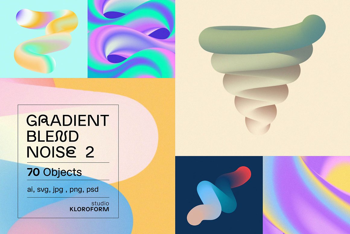 KLOROFORM 70个彩色时髦动态渐变扭曲混合模糊噪点效果海报封面设计元素 Gradient Blend Noise Vol. 2 图片素材 第1张