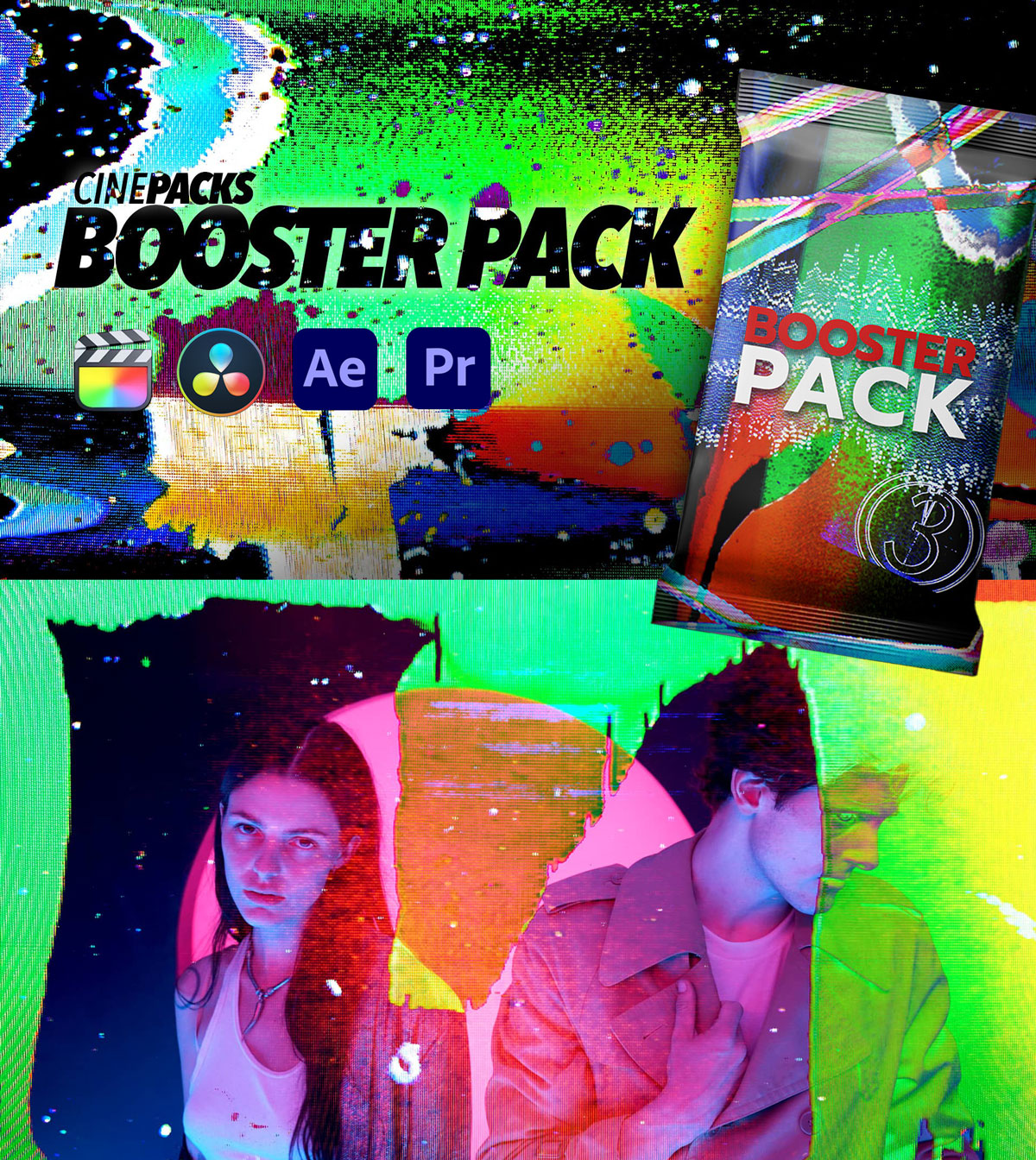 CinePacks Booster Pack 创意胶片垃圾毛刺引线噪点VHS失真模拟转场叠加4K视频素材包 , 第1张