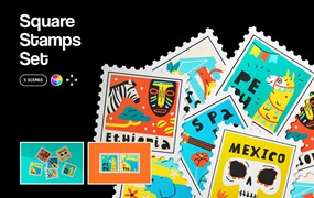 5款方形邮票印花图案设计展示效果图PS智能贴图样机模板素材 Square Stamps Mockup Set
