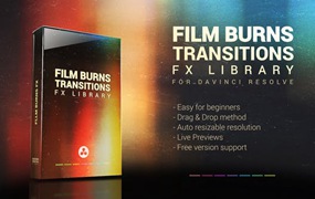 达芬奇模板：80年代复古胶片漏光燃烧刻录旧磁带打孔划痕+音效素材 FILM BURNS TRANSITIONS FX LIBRARY