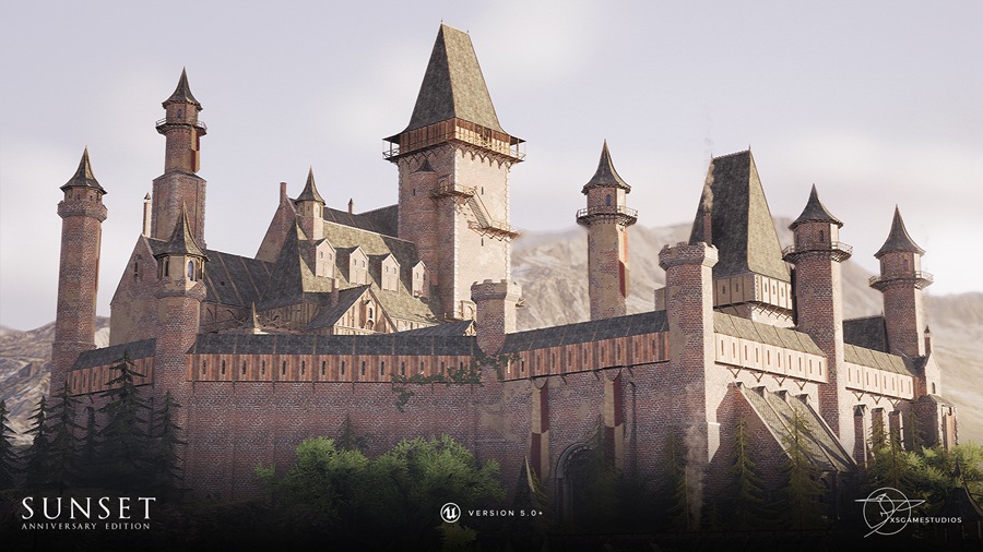 UE素材 日落场景中世纪砖砌城堡建筑教堂房屋3D模型素材 Unreal Engine – Sunset – Modular Medieval Brick Buildings , 第1张