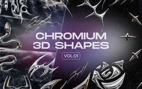Craftwork 暗黑金属抽象异形艺术酸性镀铬形状3D插图海报PNG+3D模型素材包 Chromium