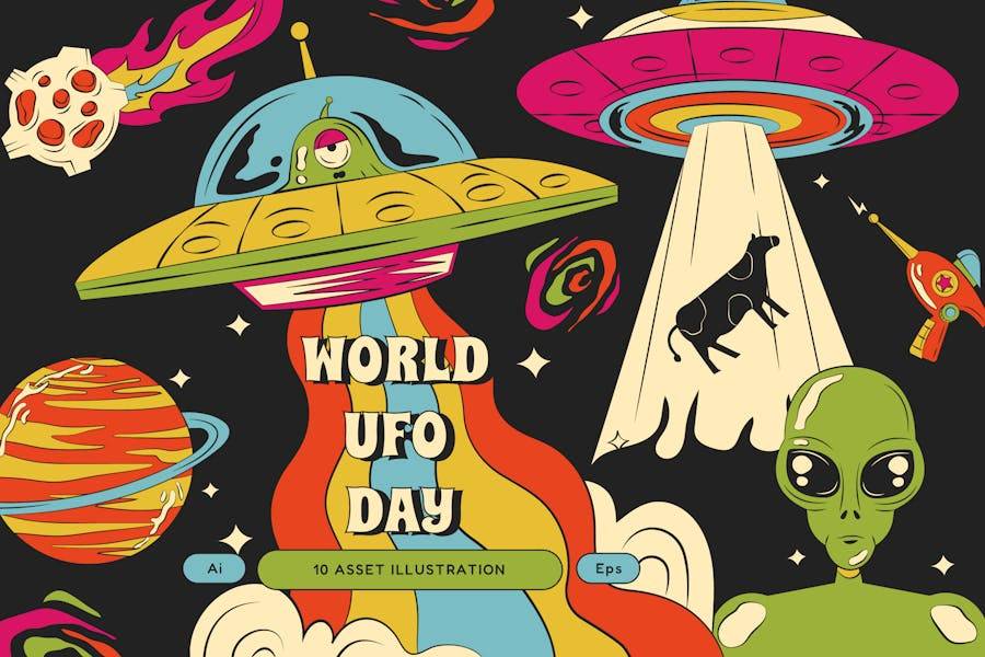 卡通趣味科幻星球飞船外星人手绘插画插图AI矢量设计素材 Black Cartoon World UFO Day Illustration Set 图片素材 第1张