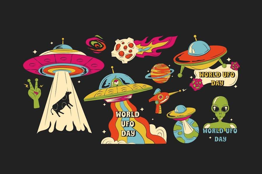 卡通趣味科幻星球飞船外星人手绘插画插图AI矢量设计素材 Black Cartoon World UFO Day Illustration Set 图片素材 第4张