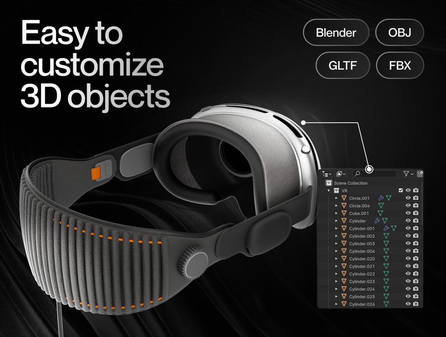 高级苹果头戴式显示设备VR眼镜3D插图图标Icons设计Blender/PNG/FBX格式素材 Apple Vision Pro , 第7张