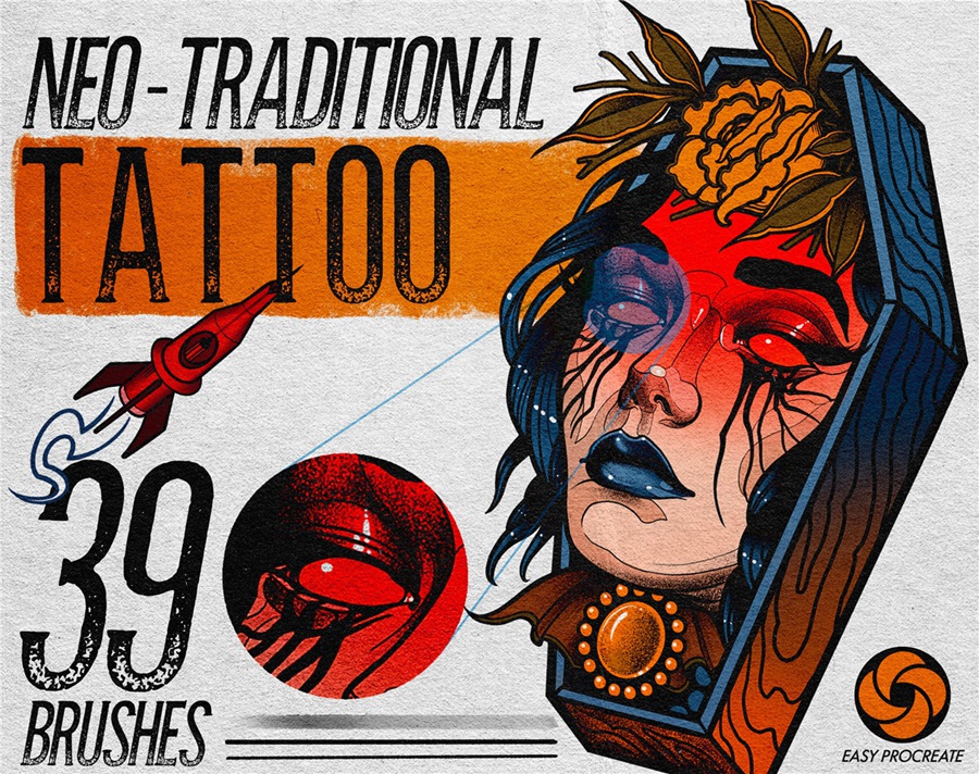 39款新传统绘画真实复古颗粒噪点文身素描绘画Procreate笔刷套装 Procreate Neo-Traditional Tattoo Brushes , 第1张