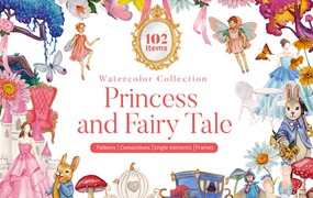 102款童话公主花卉兔子蘑菇手绘插画水彩画PNG免抠图设计素材 Princess and Fairy Tale Watercolor