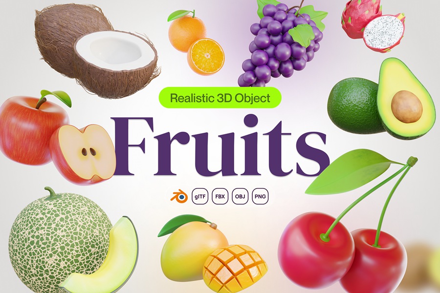 20款独特水果3D三维插画插图Icons图标Blender/OBJ/PNG格式设计素材 Fruity – Fruit 3D Icon Set , 第1张