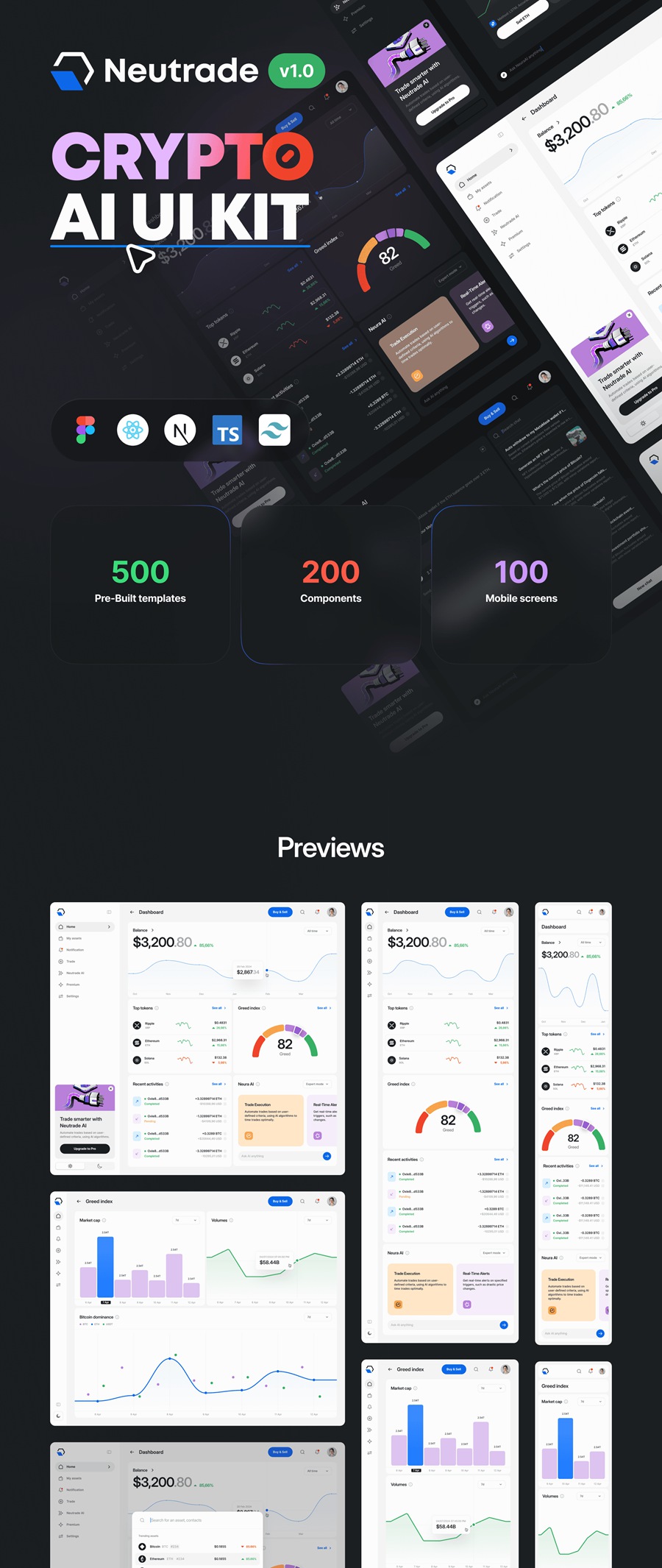 500+现代极简双色加密货币金融代币AI人工智能网站页面APP应用程序仪表盘UI设计套件Neutrade – Crypto AI UI Kit APP UI 第1张