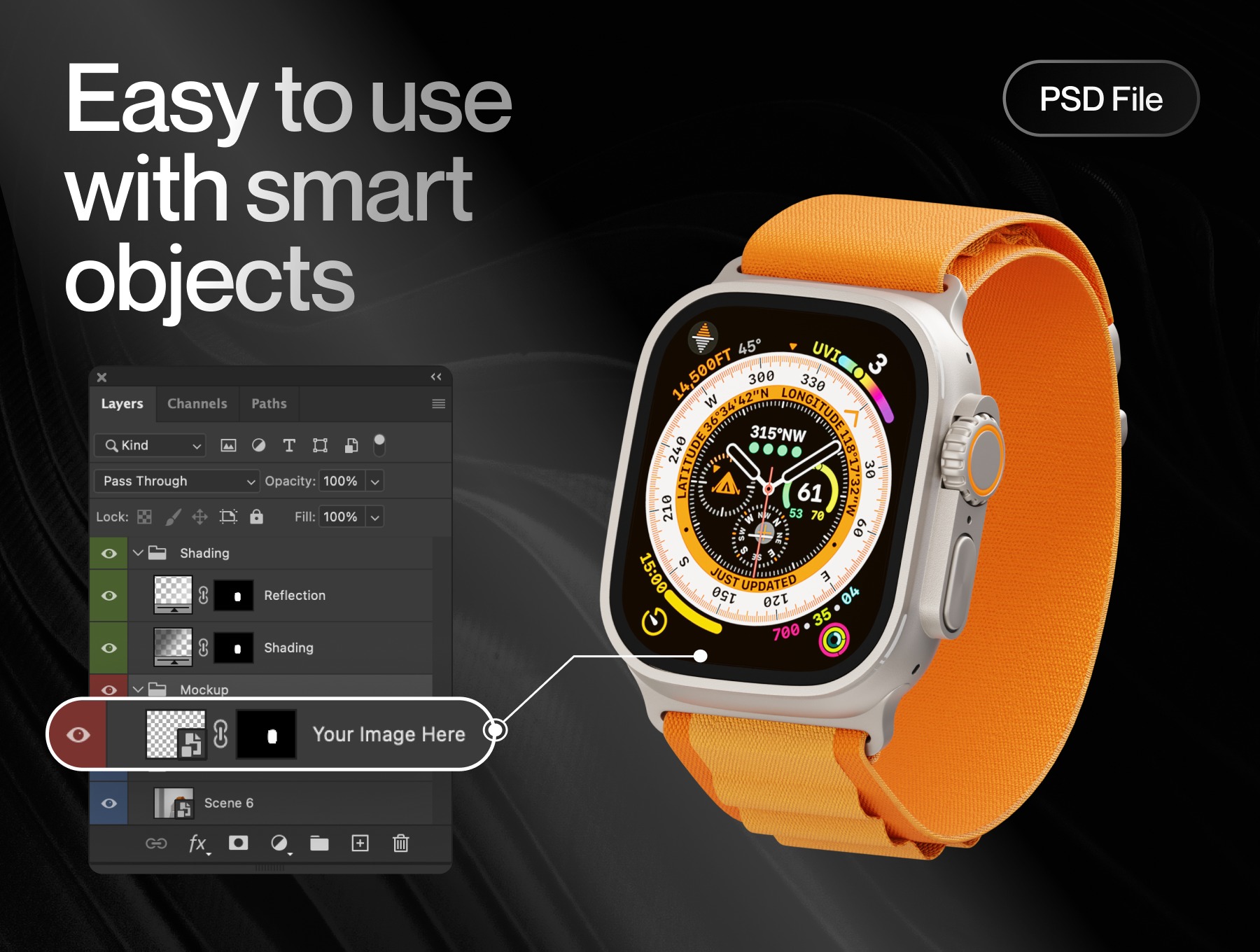 逼真苹果手表Watch Ultra屏幕演示效果图PS贴图样机模板设计素材 Apple Watch Ultra Mockup 样机素材 第4张