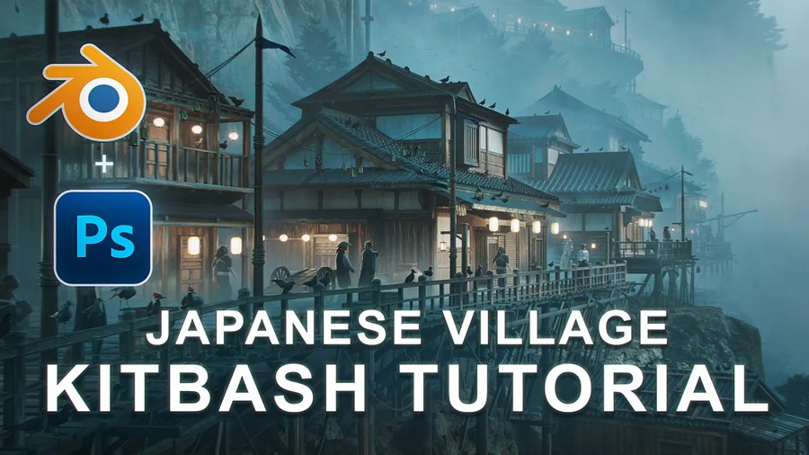 Blender模型 日式风格村庄房屋建筑3D模型+中文视频教程 Japanese Village Kitbash , 第1张