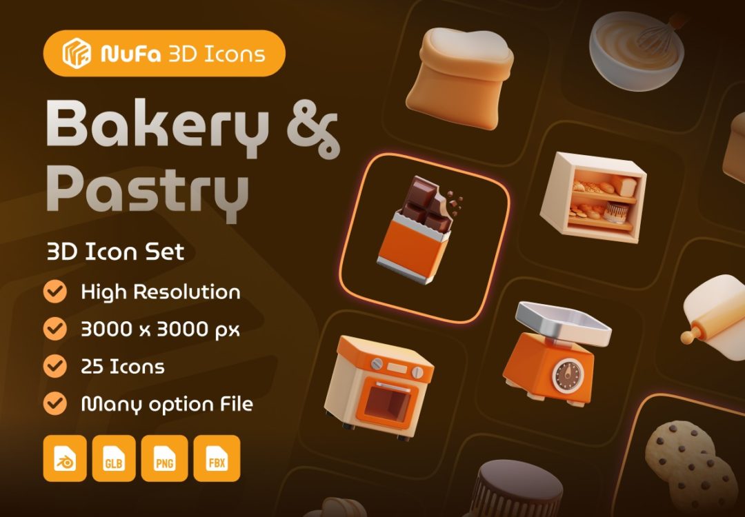 25款时尚创意蛋糕面包店3D图标Icons设计Blender/PNG格式素材 Bakery & Pastry 3D Icon Set , 第1张