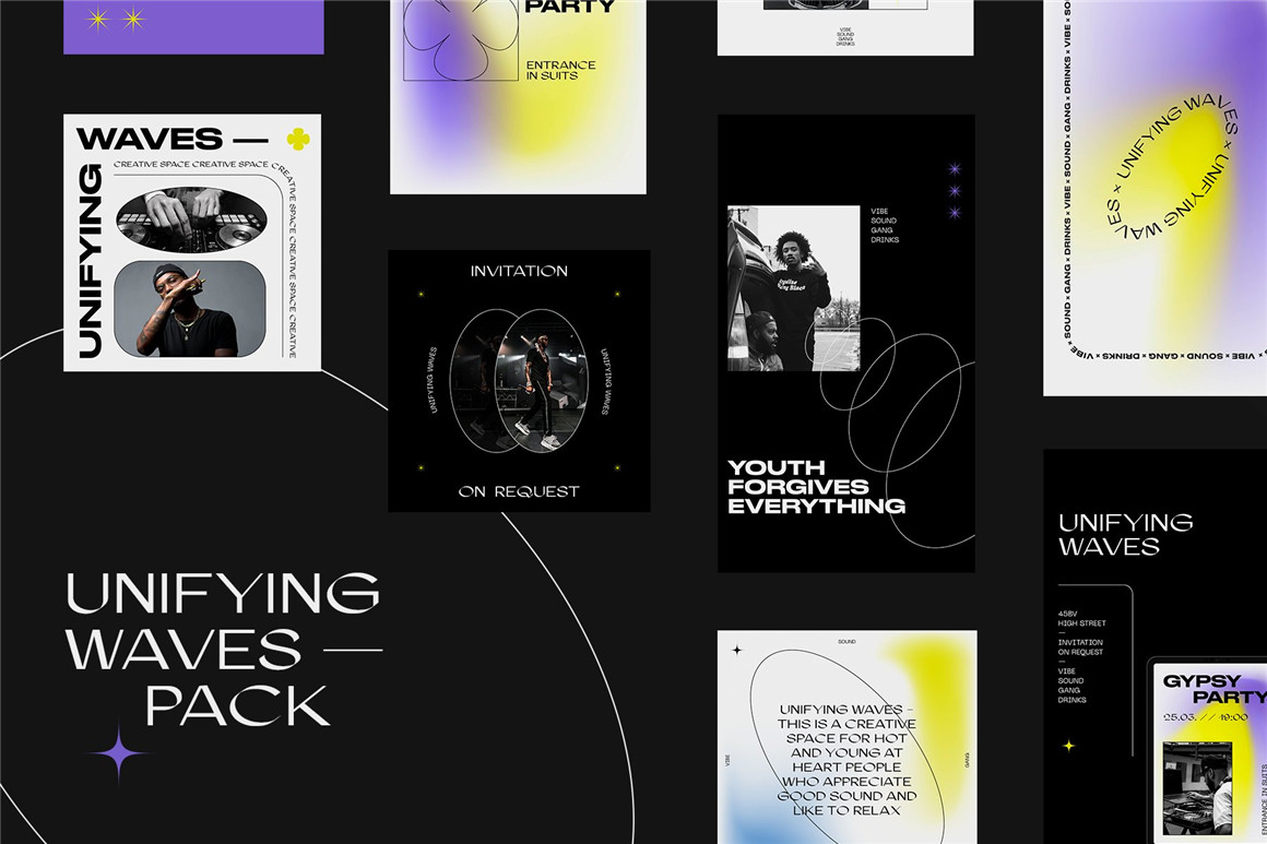 潮流复古弥散光渐变粗体文本音乐INS公众号海报推文排版PSD模版 UNIFYING WAVES Instagram Templates . 第1张