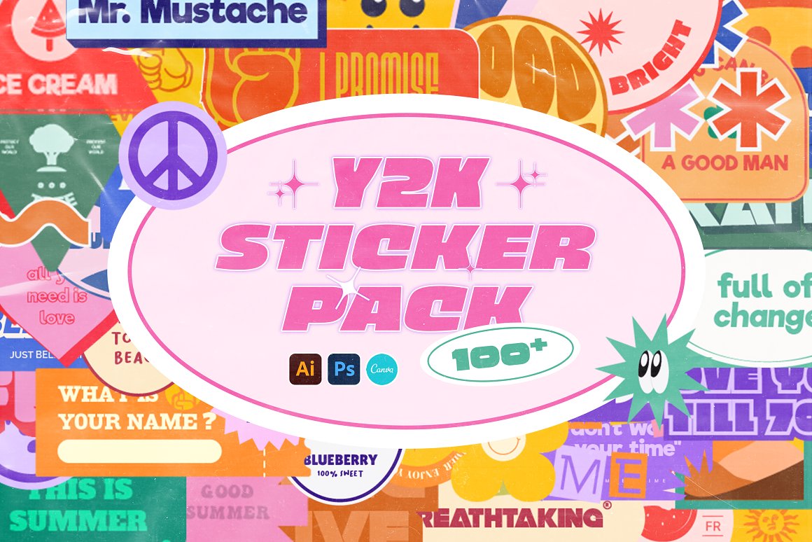 Sixtysix Labs 100个80年代复古Y2K千禧风格标签贴纸设计AI矢量素材 Y2K Sticker Pack . 第1张