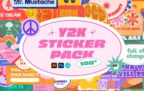 Sixtysix Labs 100个80年代复古Y2K千禧风格标签贴纸设计AI矢量素材 Y2K Sticker Pack