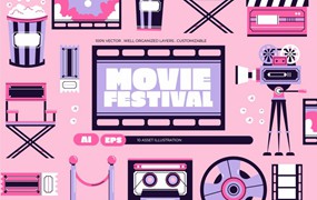 粉红电影主题海报网站社交媒体手绘插画矢量设计素材 Pink Movie Festival Asset Illustration