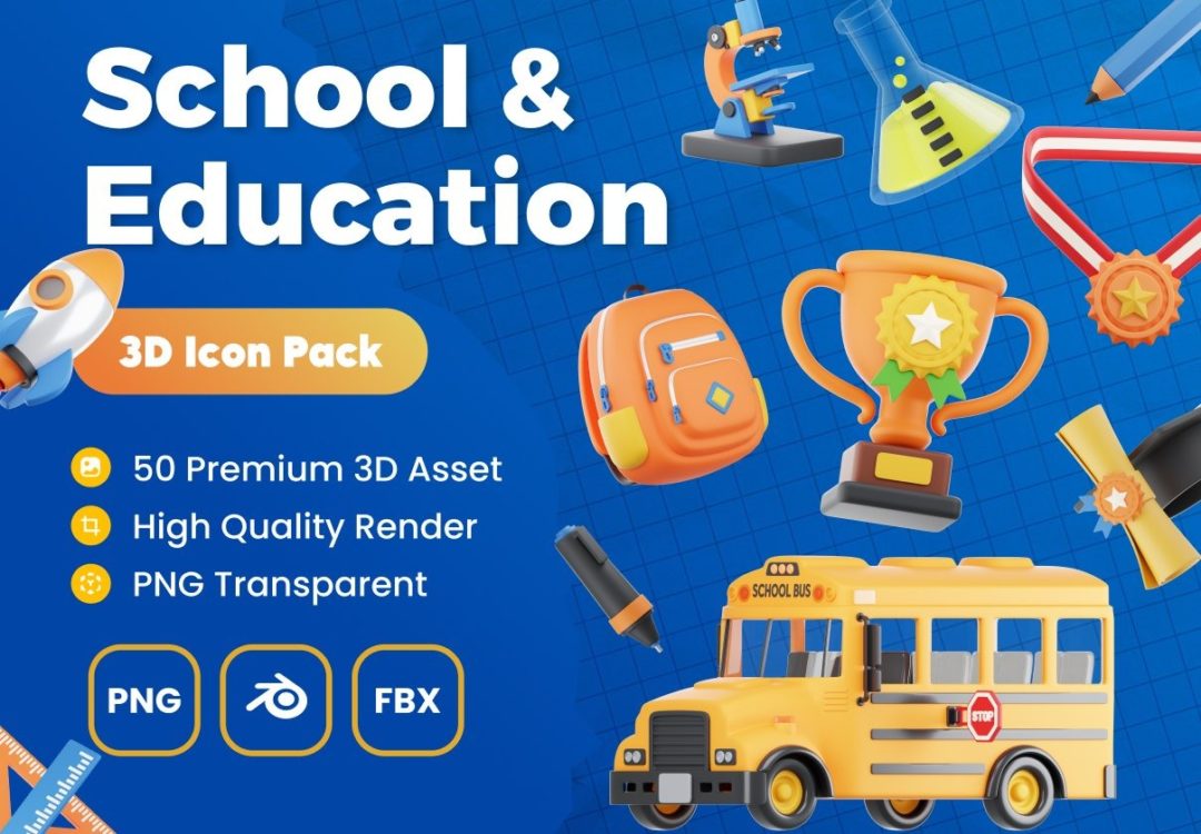 50款卡通创意学校教育教学3D插图图标Icons设计Blender/PNG/FBX格式素材 School & Education 3D Icon Pack , 第1张