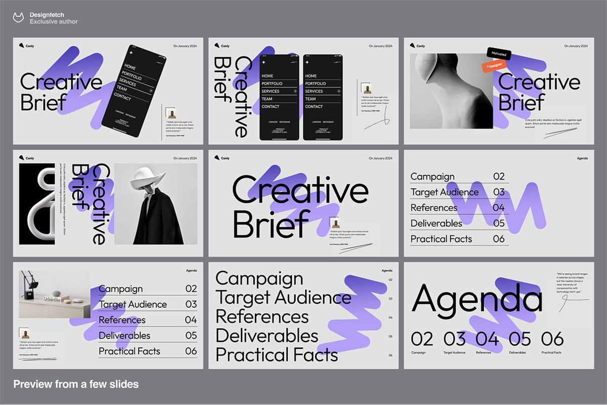 40+现代动态独特极简艺术品牌VI手册艺术PPT幻灯片演示文稿 Creative brief template – Conly , 第8张