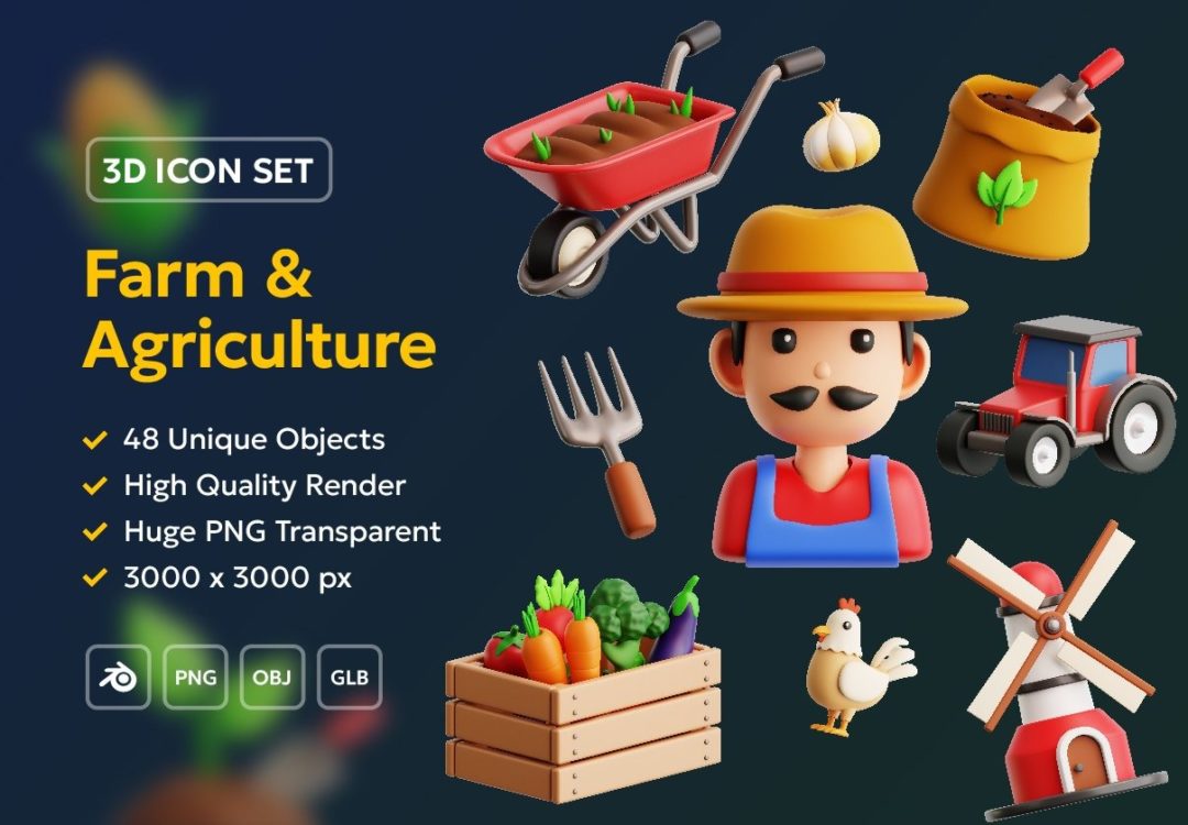 48款农村农场农作物农业机械设备3D插图图标Icons设计Blender/PNG格式素材 Farm & Agriculture 3D Icon Pack , 第1张