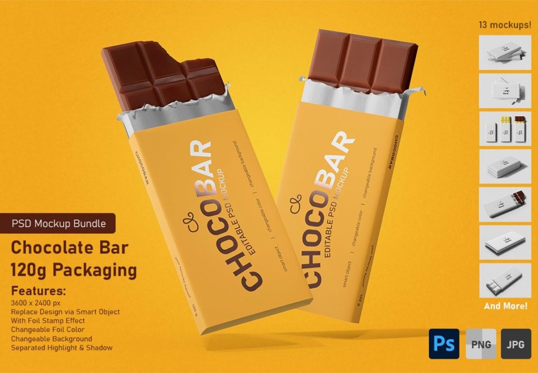 13款逼真巧克力棒包装盒设计展示效果图PS贴图样机模板素材 Chocolate Candy Bar Packaging PSD Mockup Set , 第1张