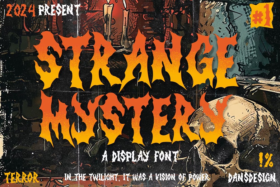 时尚复古金属品牌海报电影徽标设计y2k装饰英文字体安装包 Strange Mystery Horror Metal Display Font , 第1张