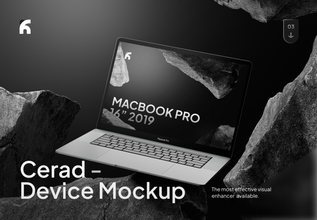 创意岩石背景黑化风苹果MacBook Pro展示效果图PS贴图样机模板素材 Cerad – Macbook Pro Modern Mockups , 第1张