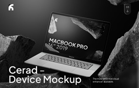 创意岩石背景黑化风苹果MacBook Pro展示效果图PS贴图样机模板素材 Cerad – Macbook Pro Modern Mockups