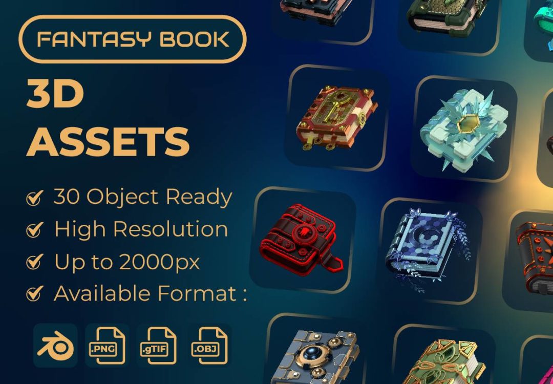 30款高级游戏主题奇幻书籍3d插图图标icons设计png/blender格式素材 Fantasy Book 3D Icon Packs , 第1张