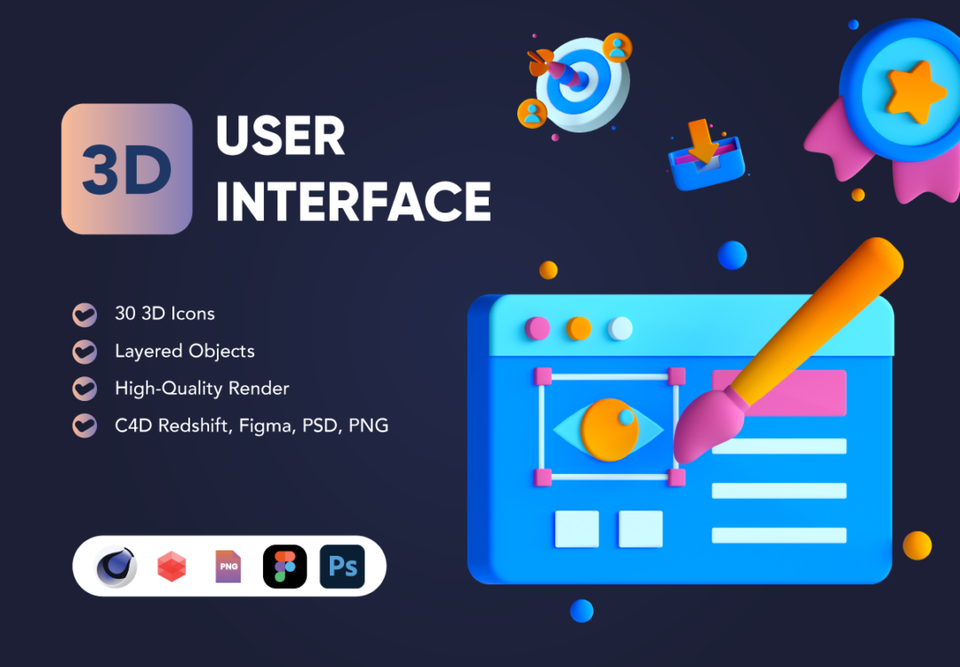 30款高级质感用户界面设计3d插图图标icons设计fig/c4d/psd/png格式素材 30 3D User Interface Icon Set , 第1张