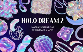 100款新潮酸性全息虹彩3D金属扭曲形状图形PNG免抠设计素材 Holo Iridescence 3D Shapes graphics