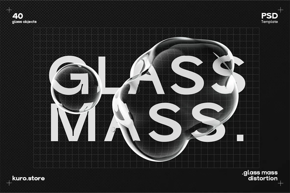 透明液体3D气泡流体玻璃扭曲变形文本标题置换特效PSD样机套装 Glass Mass Distortion Shapes , 第1张