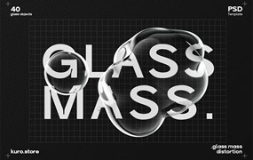 透明液体3D气泡流体玻璃扭曲变形文本标题置换特效PSD样机套装 Glass Mass Distortion Shapes