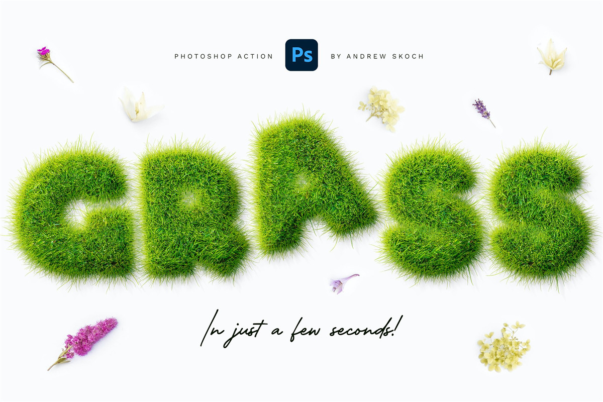 逼真趣味绿草创意3D立体毛茸茸草皮LOGO文字标题PS动作效果包 Grass Photoshop PSAction , 第1张