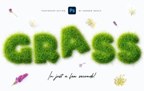 逼真趣味绿草创意3D立体毛茸茸草皮LOGO文字标题PS动作效果包 Grass Photoshop PSAction