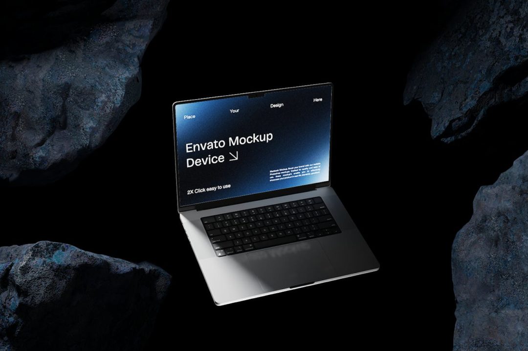 黑化风岩石背景苹果macbook笔记本电脑演示效果图ps贴图样机模板 Macbook Mockup | Blue Stone , 第2张