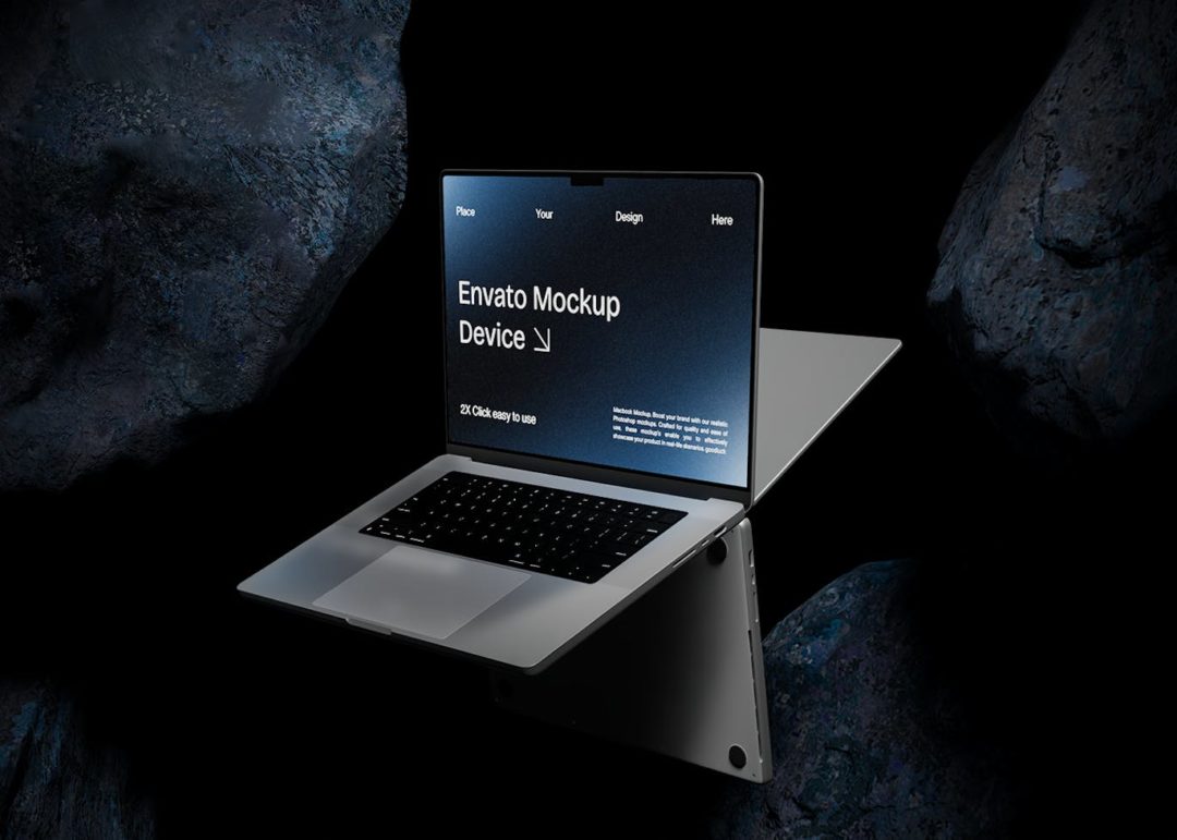 黑化风岩石背景苹果macbook笔记本电脑演示效果图ps贴图样机模板 Macbook Mockup | Blue Stone , 第3张