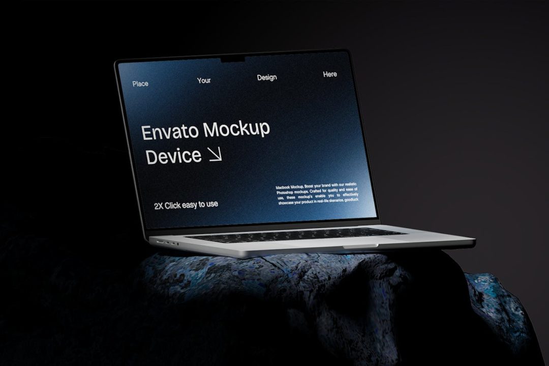 黑化风岩石背景苹果macbook笔记本电脑演示效果图ps贴图样机模板 Macbook Mockup | Blue Stone , 第4张