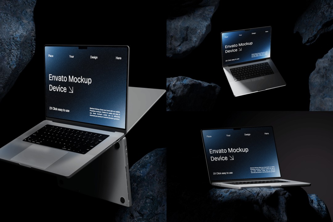 黑化风岩石背景苹果macbook笔记本电脑演示效果图ps贴图样机模板 Macbook Mockup | Blue Stone , 第1张