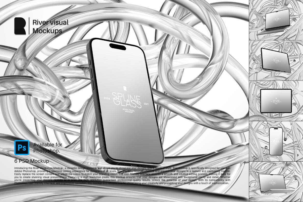 未来科幻玻璃背景苹果iPhone手机MacBook电脑iPad平板Ps展示贴图样机模板 Device Mockup – Spline Glass Series , 第1张