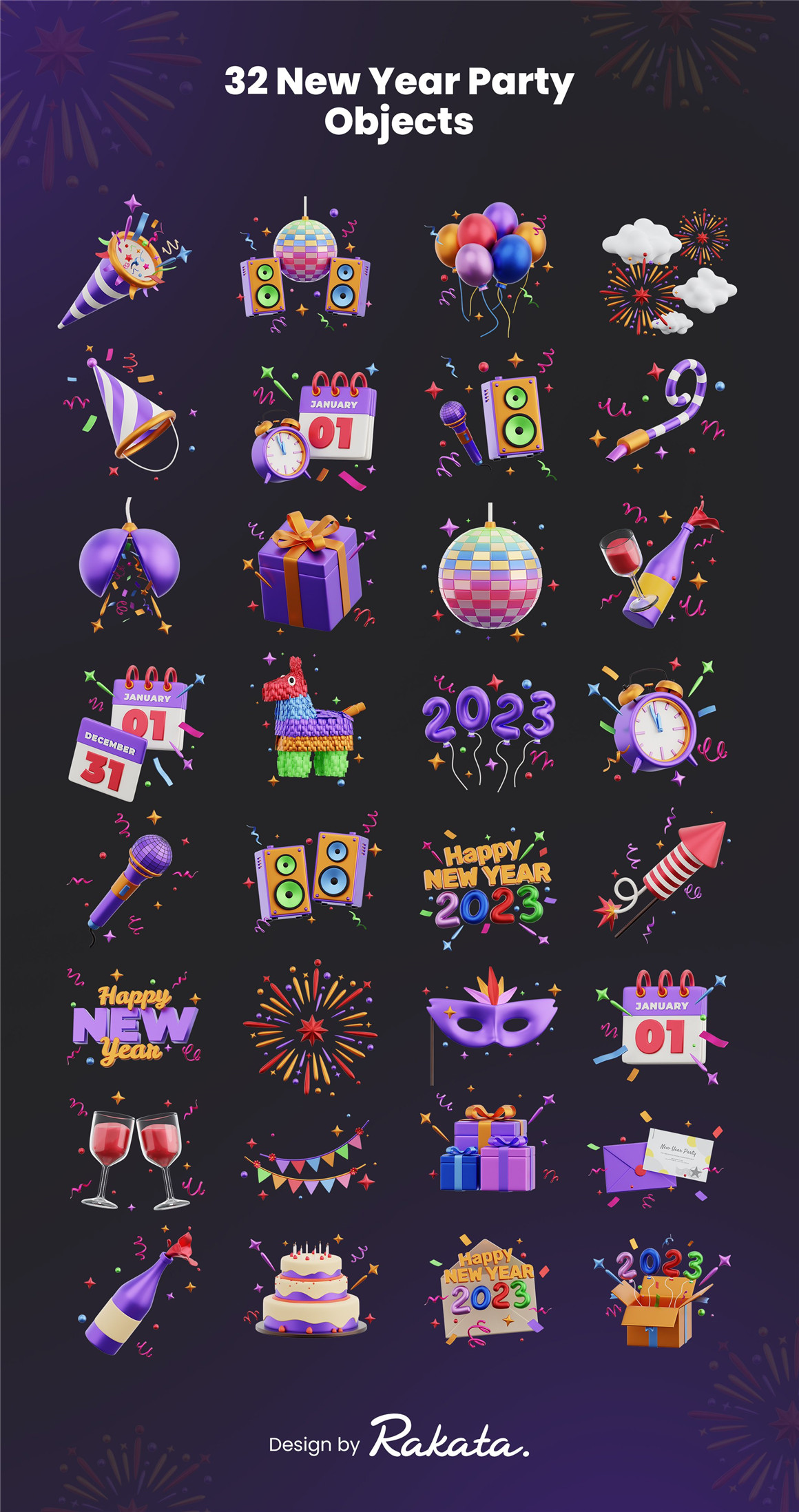 趣味卡通3D新年节日生日派对庆典插图插画PNG免抠图片+3D素材 New Year Party 3D Icons . 第7张