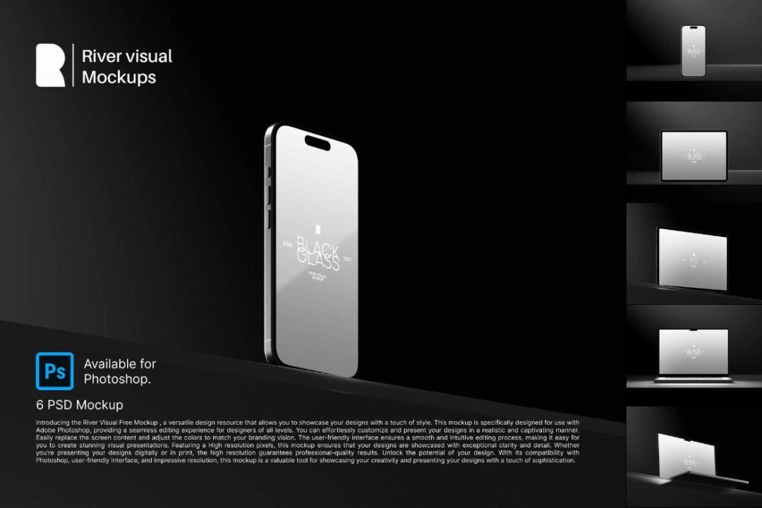 6款黑化风苹果MacBook电脑iPhone手机iPad平板展示效果图Ps贴图样机模板 Device Mockup – Black Glass Series , 第1张