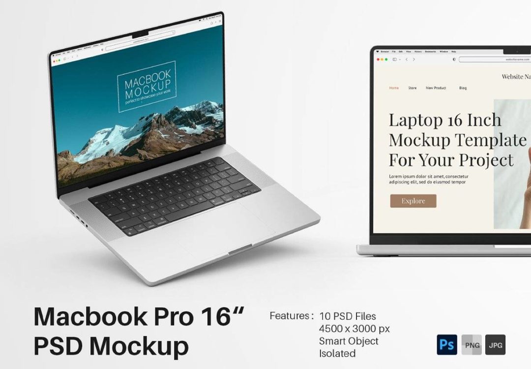 10款时尚苹果MacBook 16寸笔记本电脑演示效果图Ps贴图样机模板素材 Macbook Laptop 2021 16 Inch Mockup Pack , 第1张