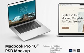 10款时尚苹果MacBook 16寸笔记本电脑演示效果图Ps贴图样机模板素材 Macbook Laptop 2021 16 Inch Mockup Pack