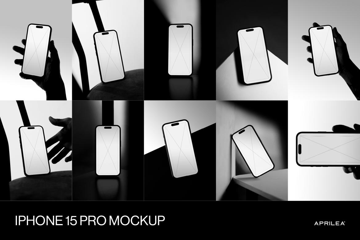 10款时尚逼真苹果iPhone 15 Pro手机屏幕演示效果图PS贴图样机模板素材 10 iPhone 15 Pro Mockups Bundle , 第1张