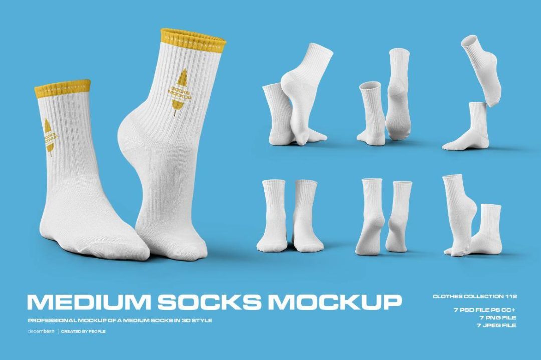 7款时尚中筒袜子印花图案设计展示效果图PSD样机模板素材 7 Mockups Medium Socks in the 3D Style , 第1张